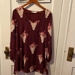 Women’s dress- burgundy with cow pattern.